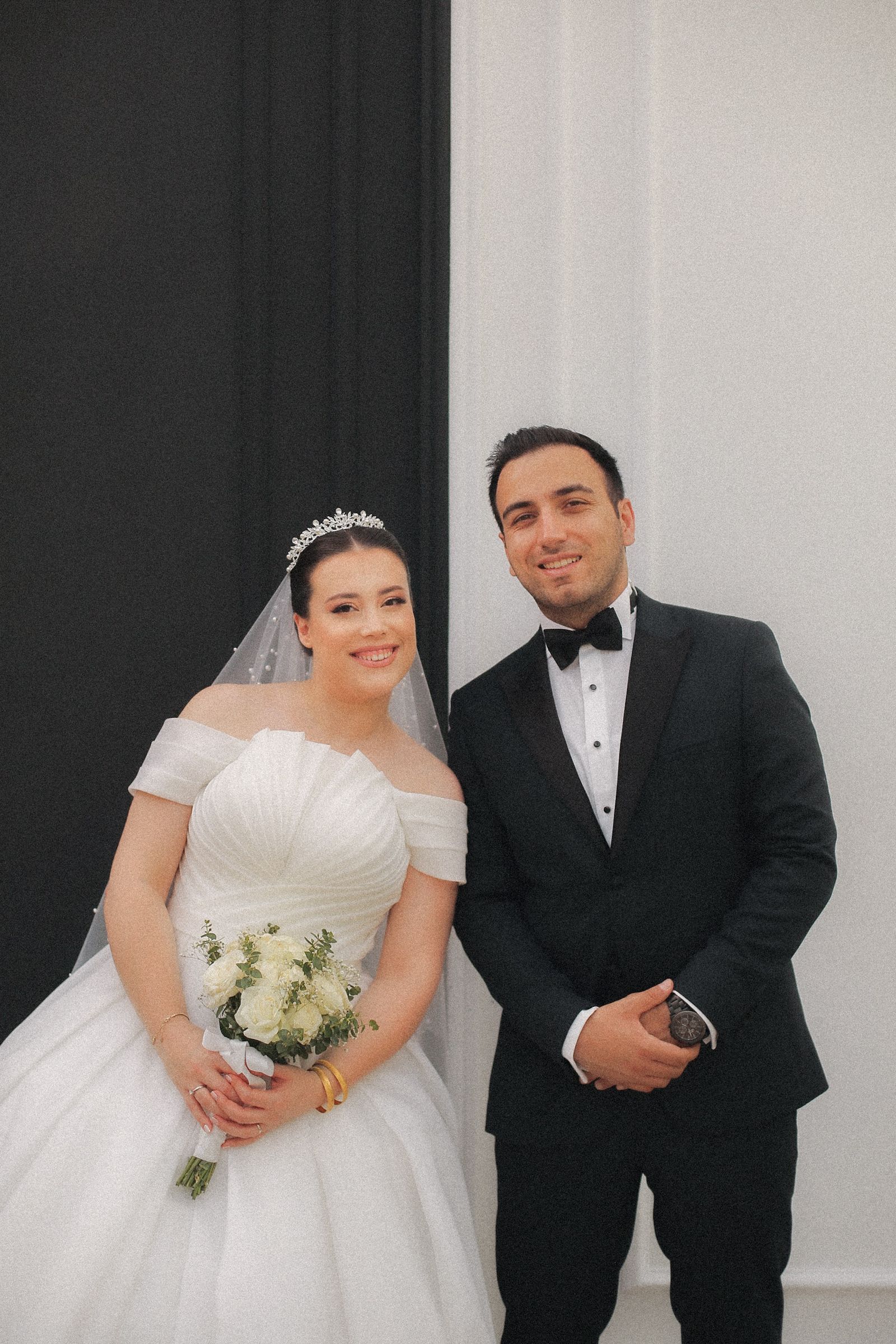Elegant indoor wedding portrait of a couple