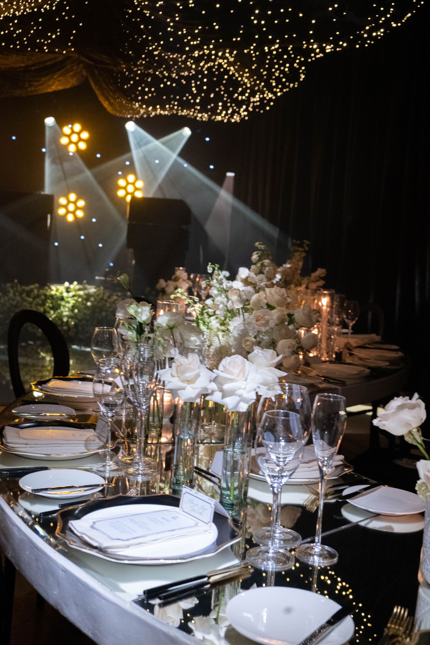 Luxurious wedding table setting with floral arrangements